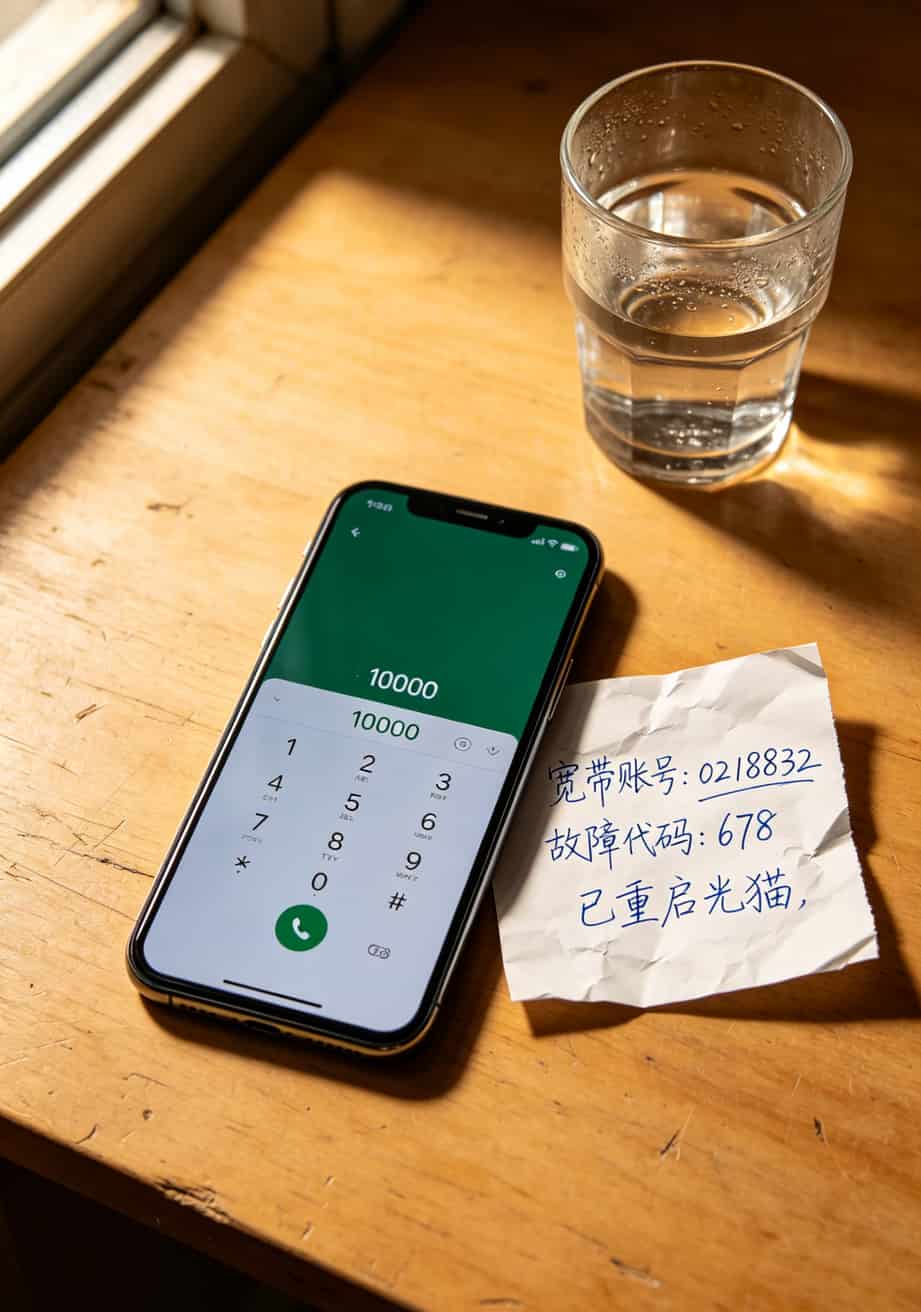 手机拨号界面显示10000号，旁边放着一张纸写着宽带账号和故障代码