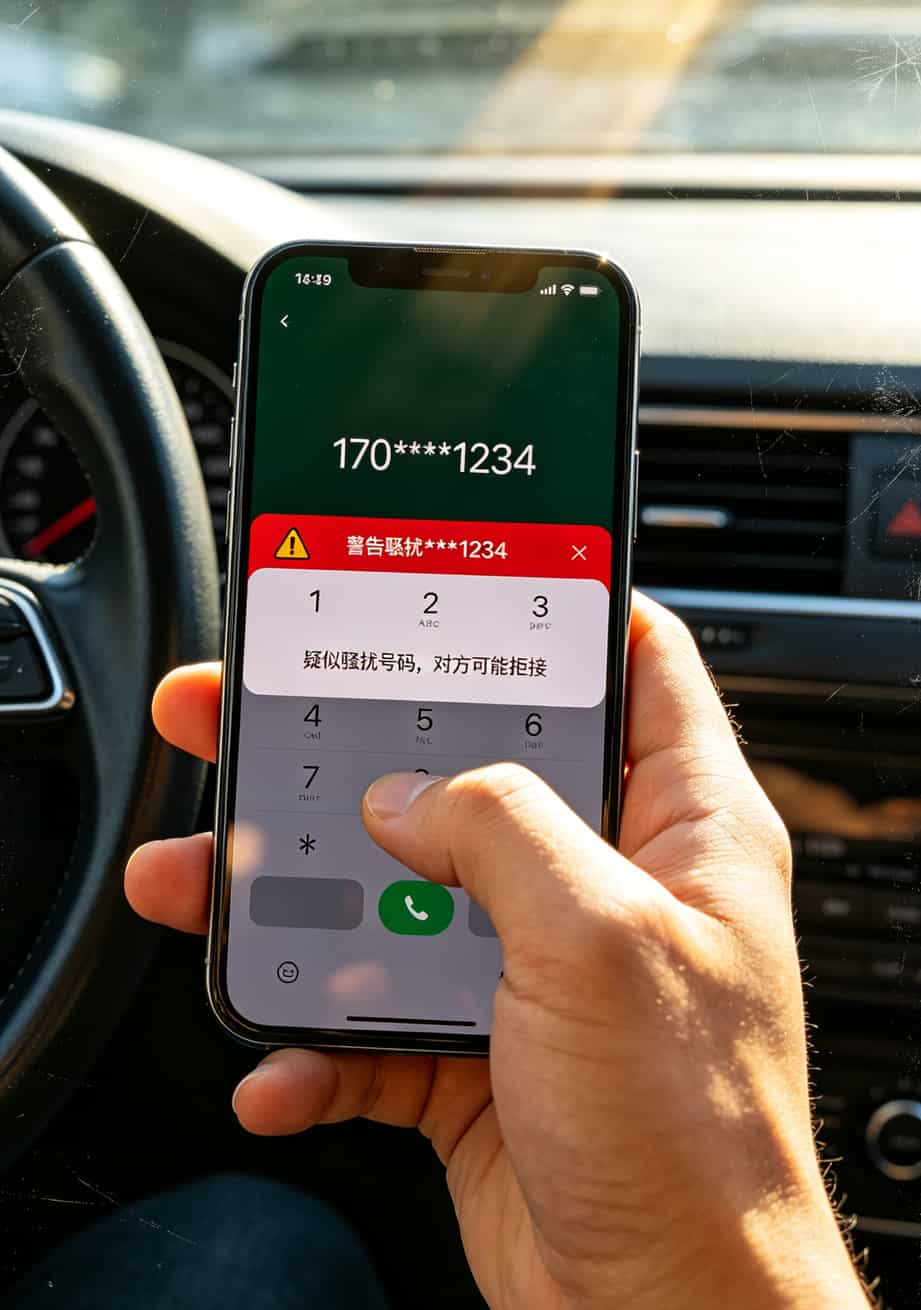 8年电销老炮:电信选号码网上选号前,先看这篇,至少帮你省下3000块冤枉钱 手机拨号界面,显示170开头号码和“疑似骚扰”红色警告字样