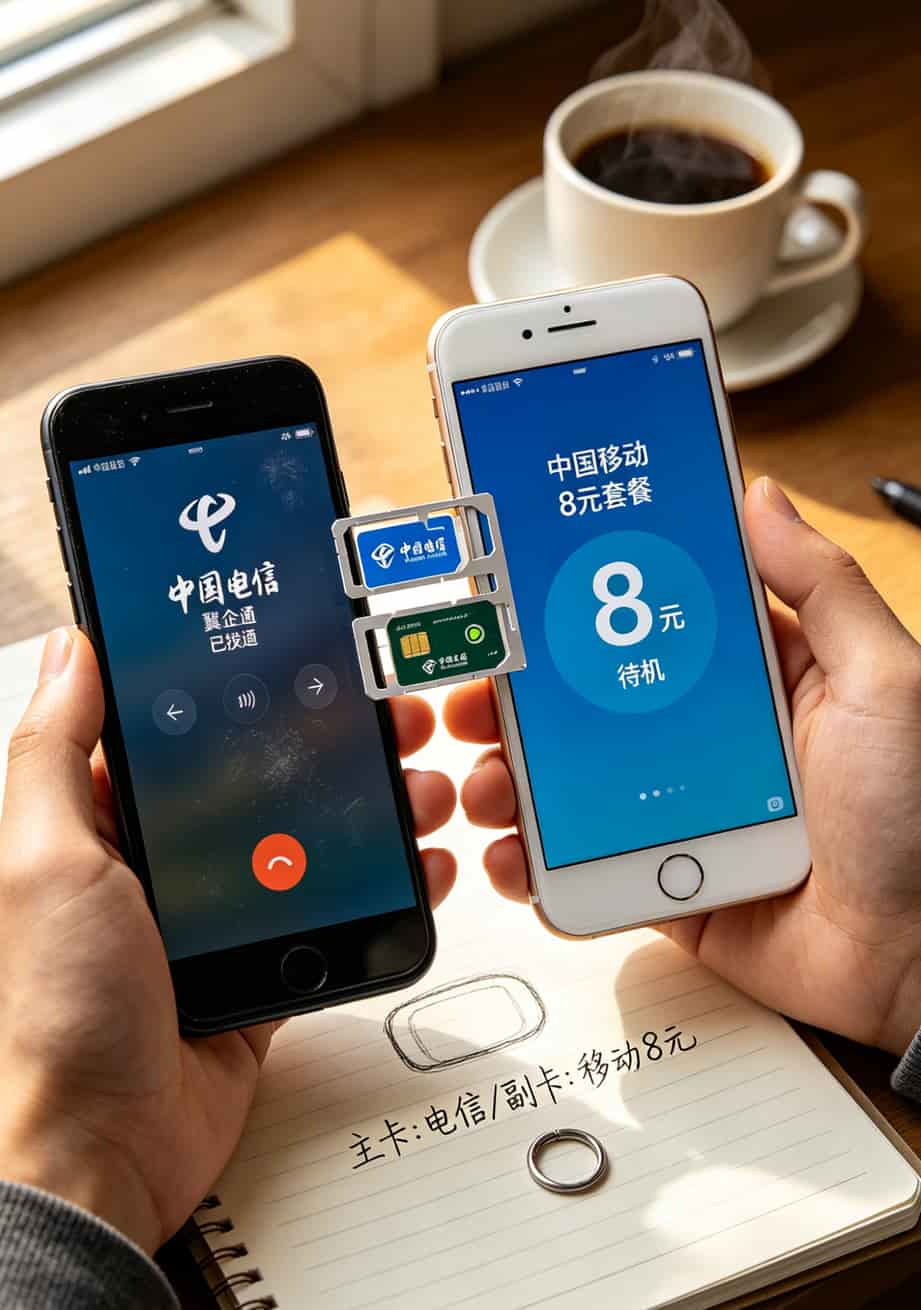 中国电信和中国移动哪个好——双卡组合方案示意图，主卡电信副卡移动8元套餐