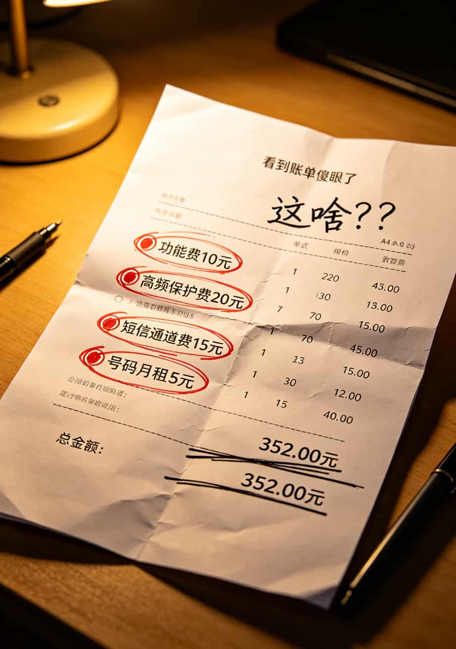 一张话费账单上画满了红圈，圈出各种隐藏收费项目