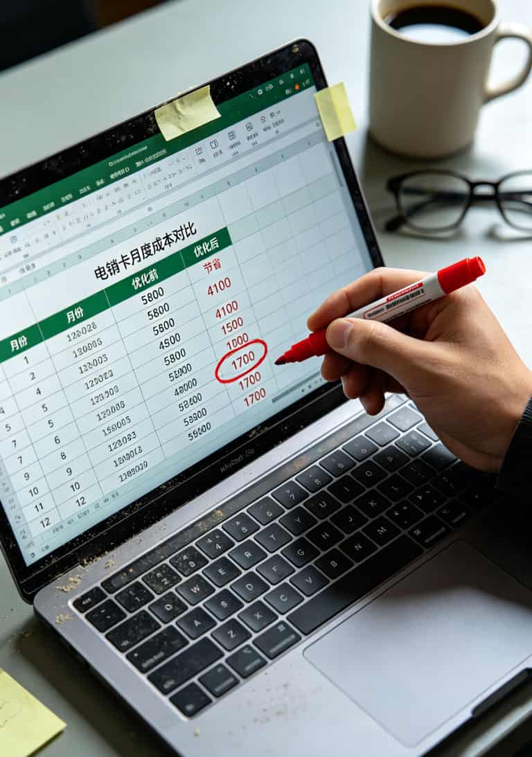 跑了6家电销卡店,我最后办了张中国电信流量套餐(附避坑清单) Excel表格展示电销卡月度费用对比,红圈标出节省金额