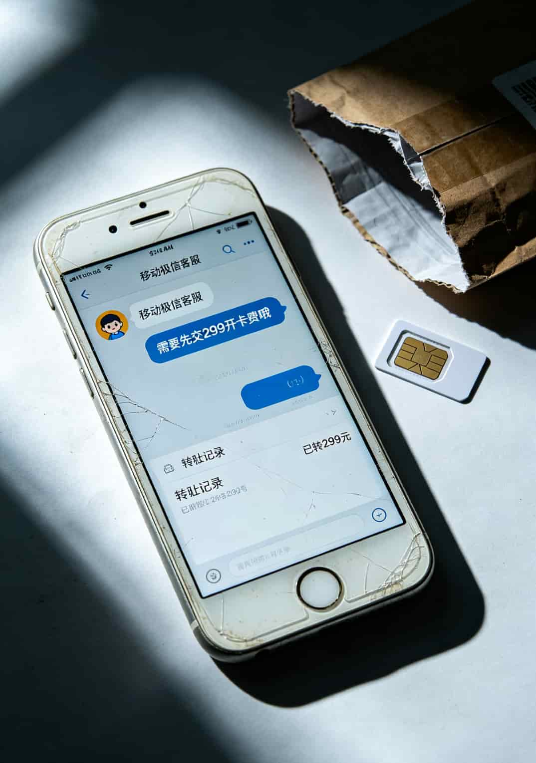 手机截图显示电销卡诈骗聊天记录，对方要求先交开卡费