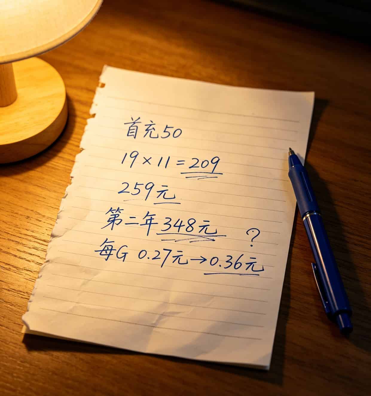 手写计算草稿纸，写着259元、348元、每G成本等数字，旁边放着一支笔