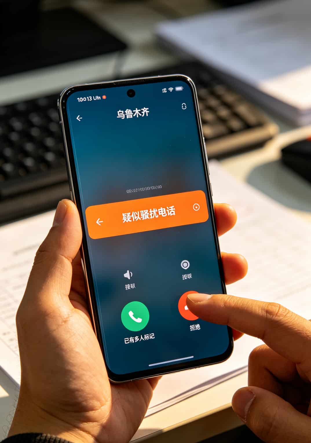 跑了6家电销卡店,我最后办了张中国电信流量套餐(附避坑清单) 手机上显示外地号码来电,屏幕上有“疑似骚扰”的红色标记