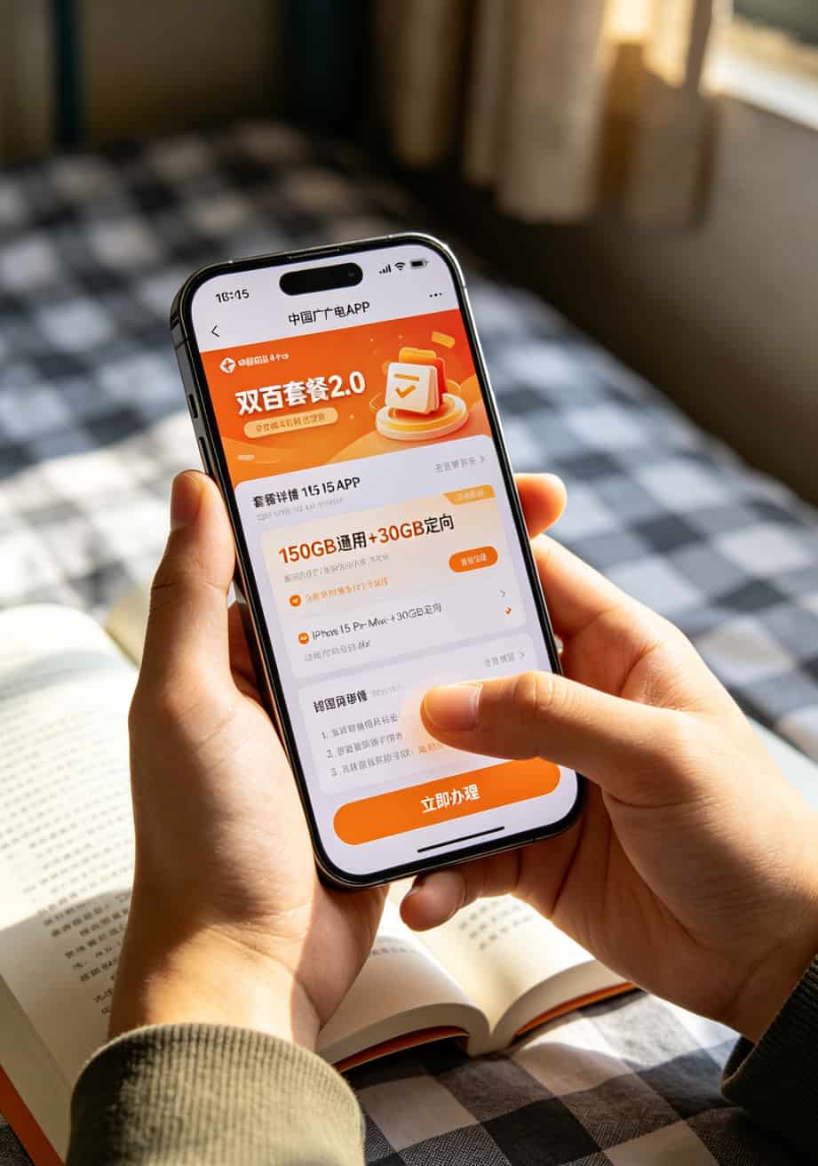 中国广电APP套餐详情页面截图，显示双百套餐2.0