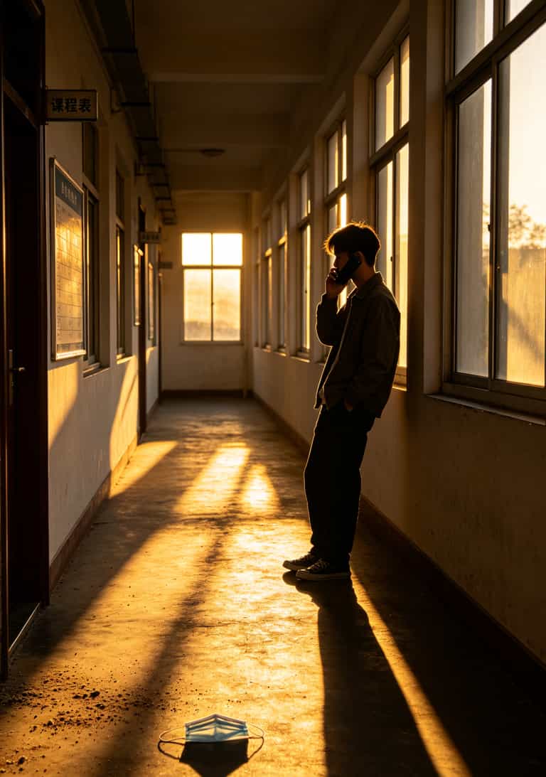 学生站在教学楼走廊上打电话，背景是夕阳