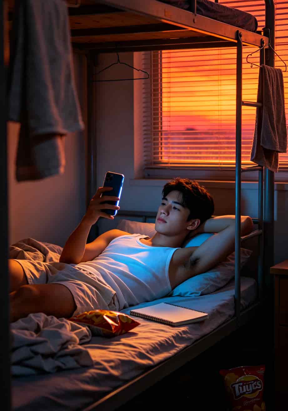 大学生在宿舍床上抱着手机看视频，窗外是晚霞