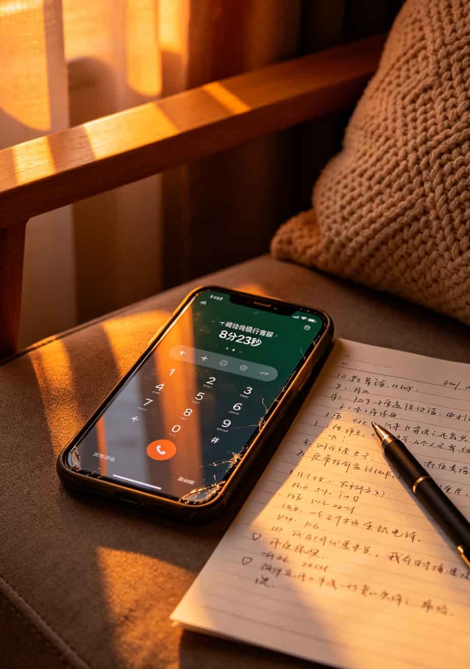 手机通话记录截图，显示拨打银行客服热线，时长8分钟