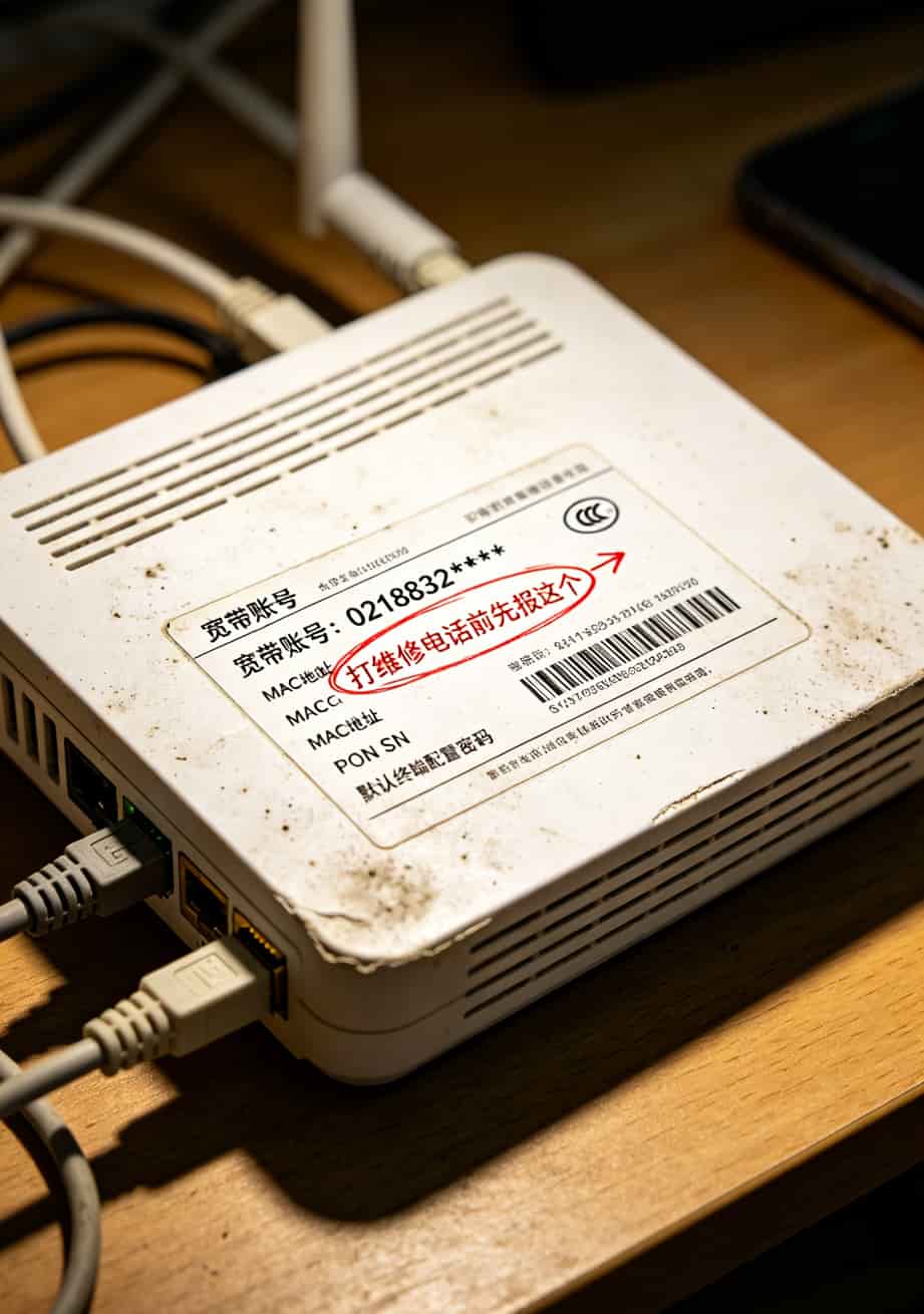 光猫背后的账号标签特写用红框标出关键信息