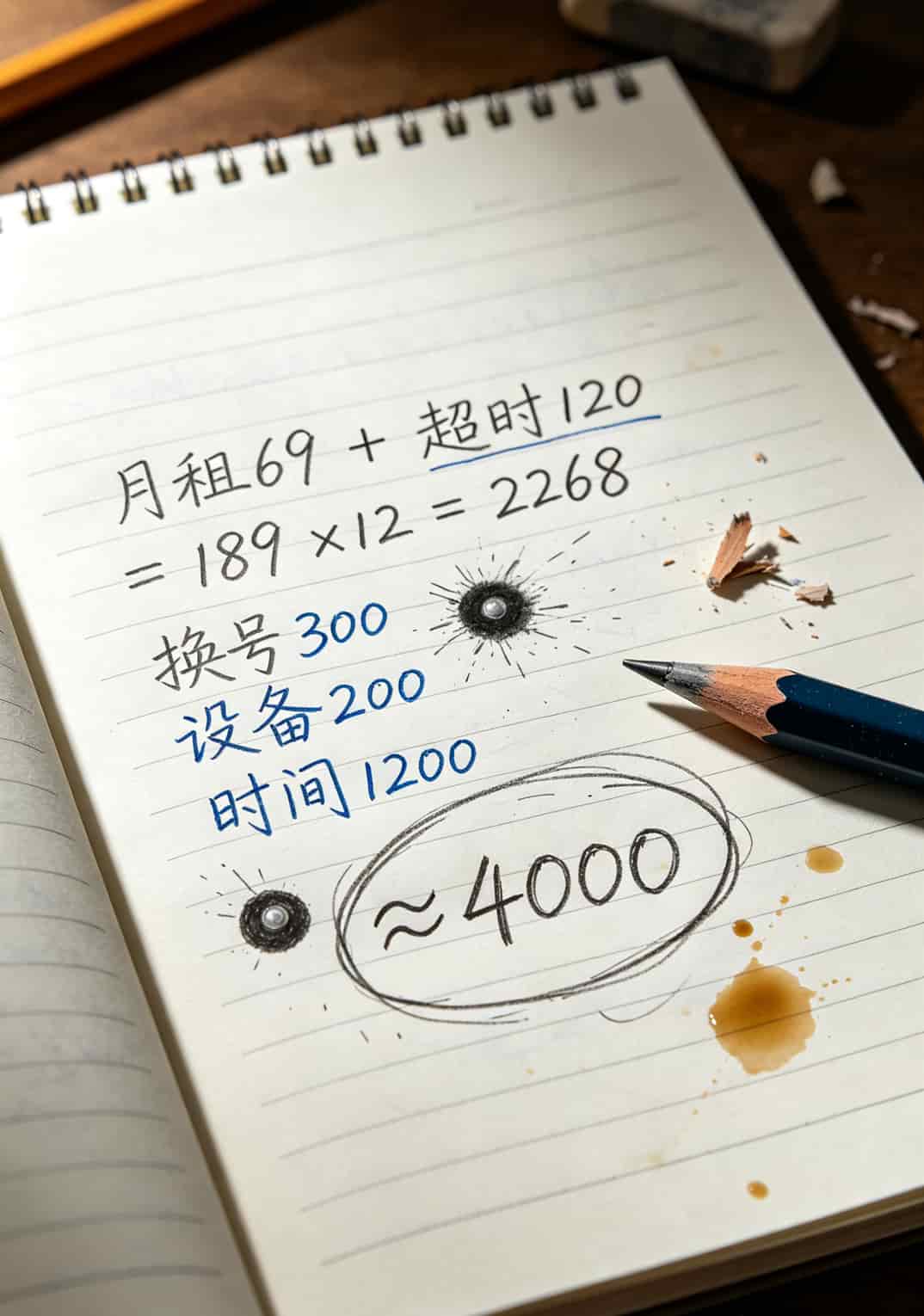 一张手写在笔记本上的费用计算草稿，字迹潦草有涂改