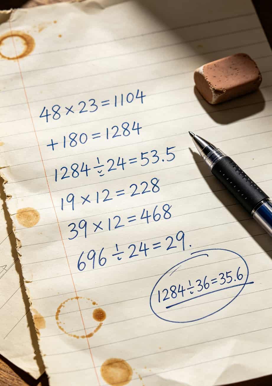 手写计算草稿纸，上面写着“1284÷36=35.6”，旁边有咖啡渍