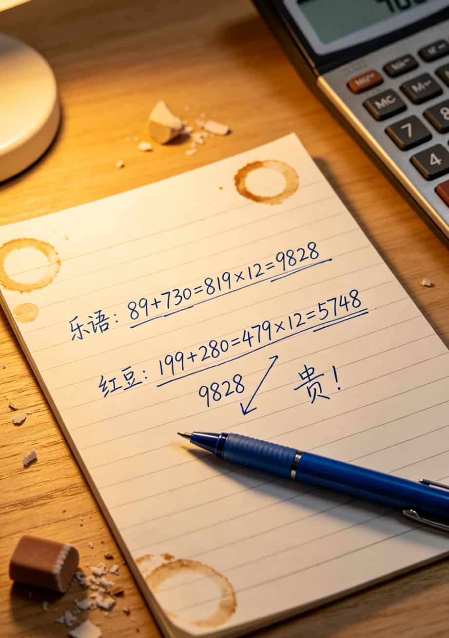 一张手写的费用计算草稿纸，上面有9828和5748的对比