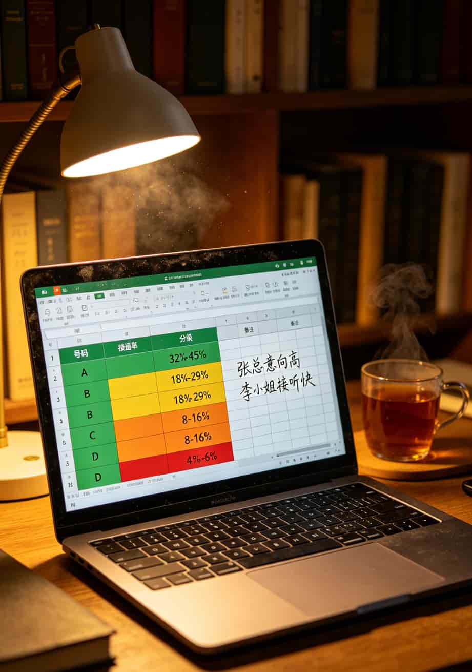 干电销第八年,我把家底都抖出来了:电信国际漫游怎么开通,还有那些卡商听了想打人的真话 号码分级管理Excel表格截图,ABCD四档标注不同颜色