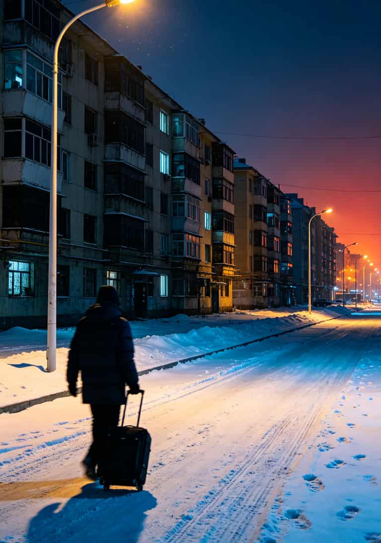 鹤岗夜晚的街景，路灯下一个人影走在雪地里