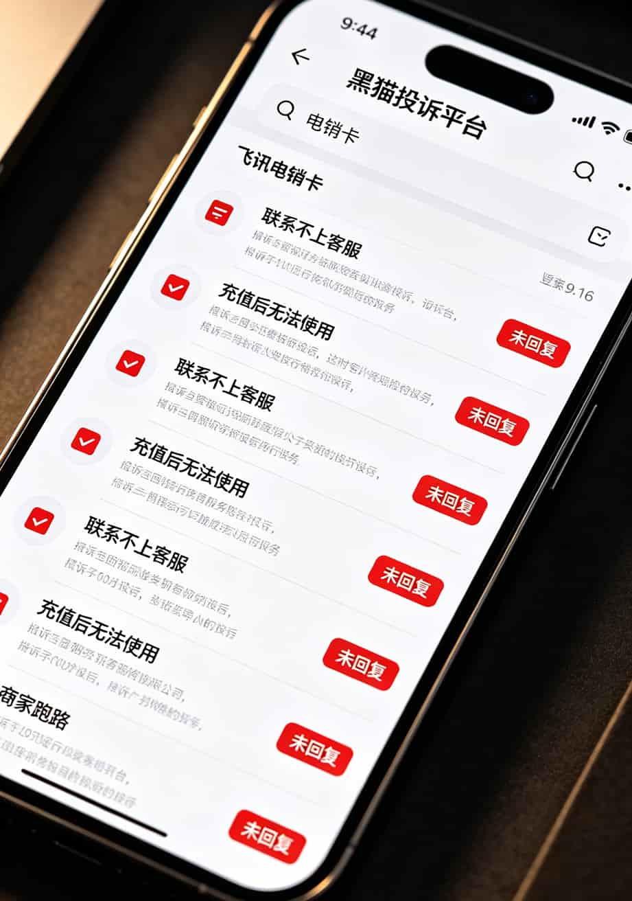 黑猫投诉平台截图，某电销卡品牌下方显示多条“联系不上客服”的投诉