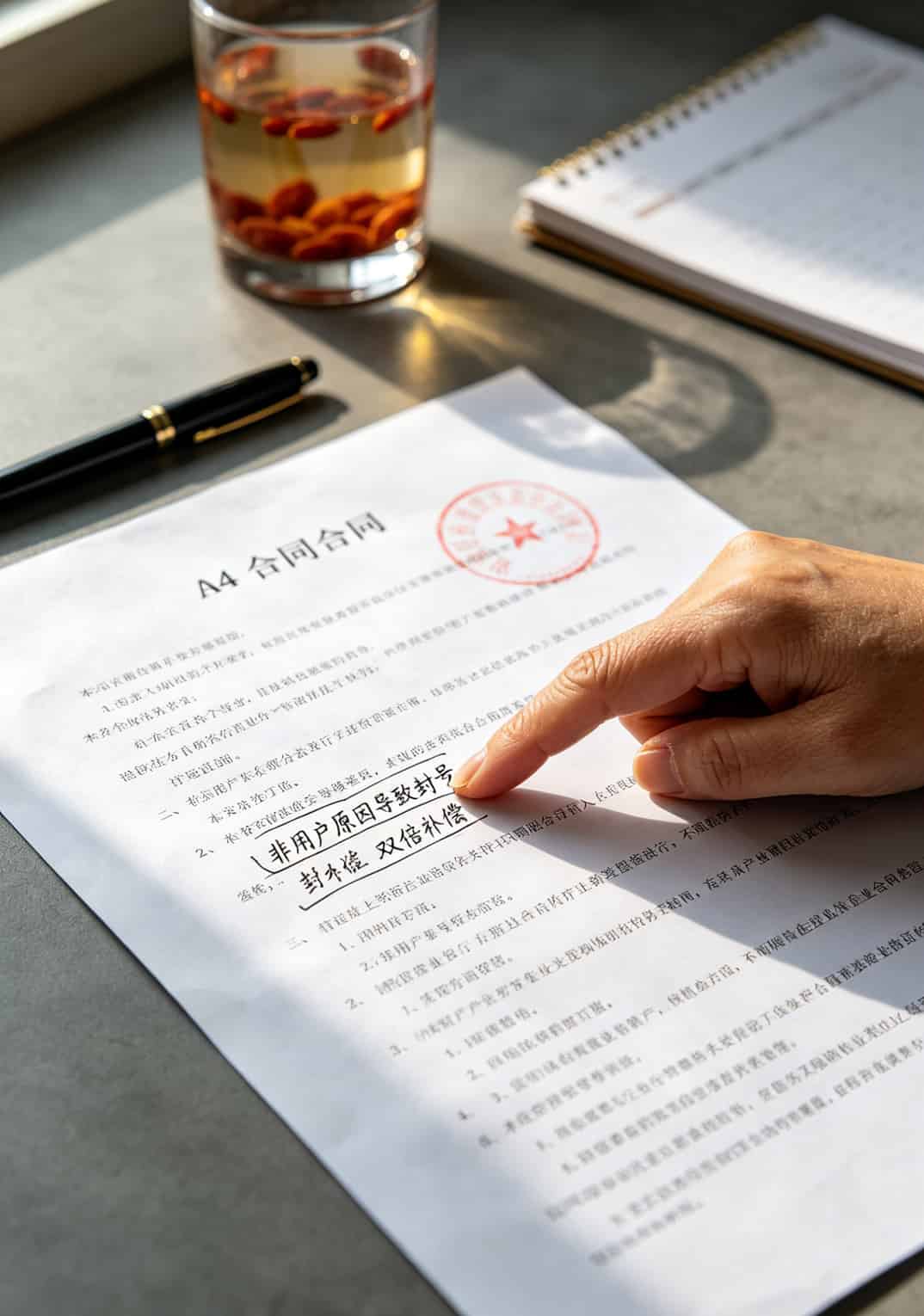 一份合同的特写，手指着某一条条款