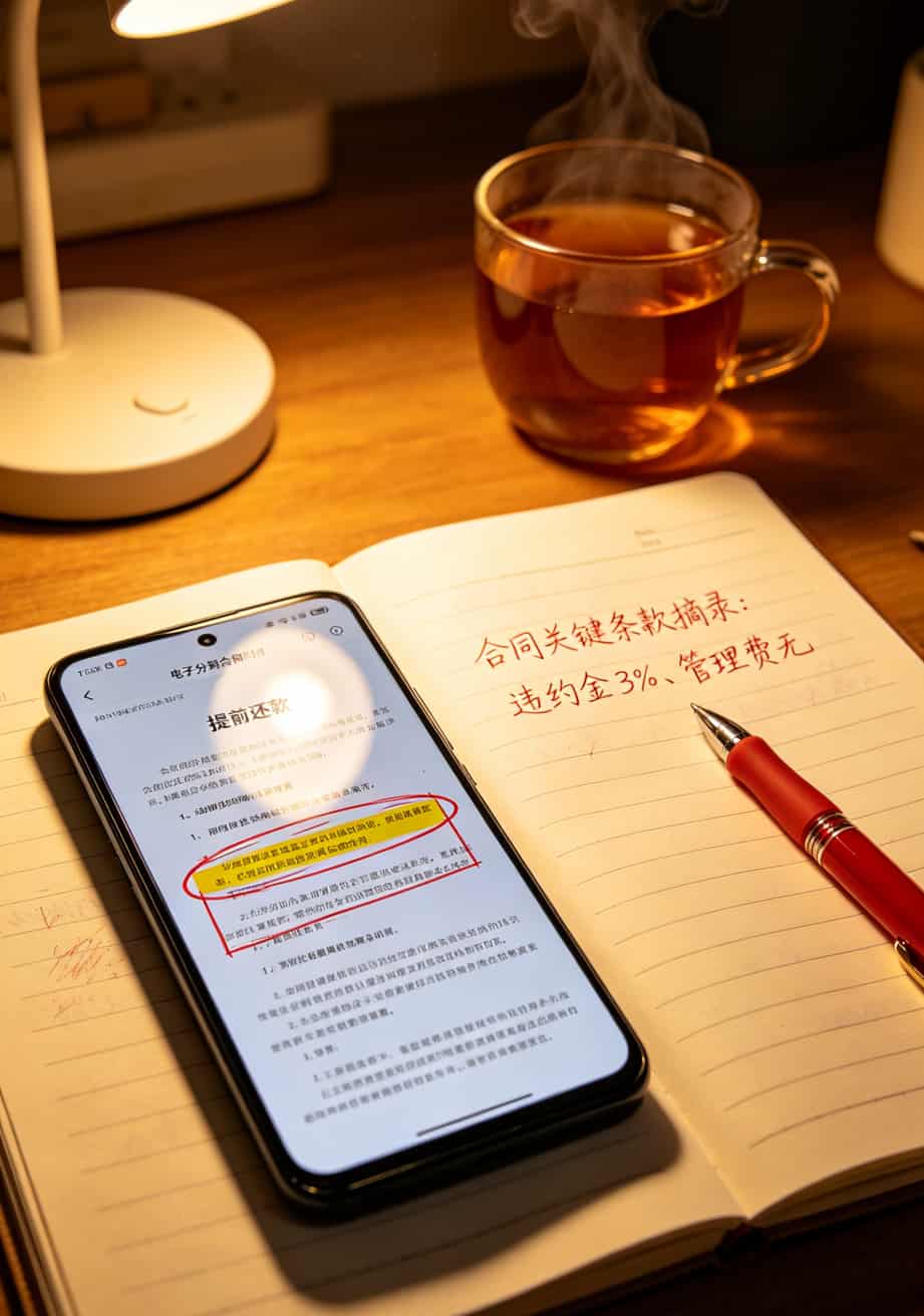 手机上下载的电子分期合同截图，重点条款用红框标出