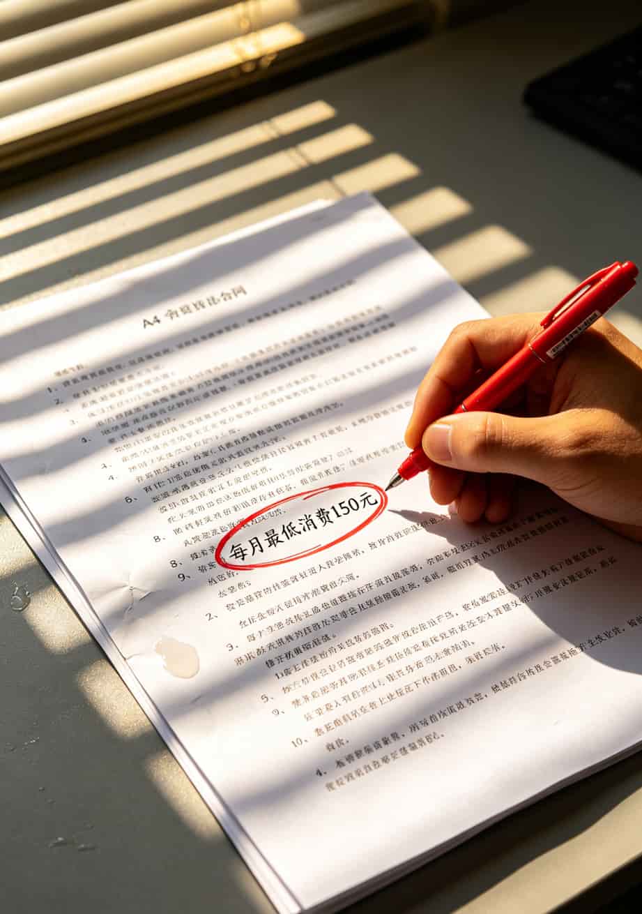 合同文件上密密麻麻的小字条款，红圈标出最低消费条款