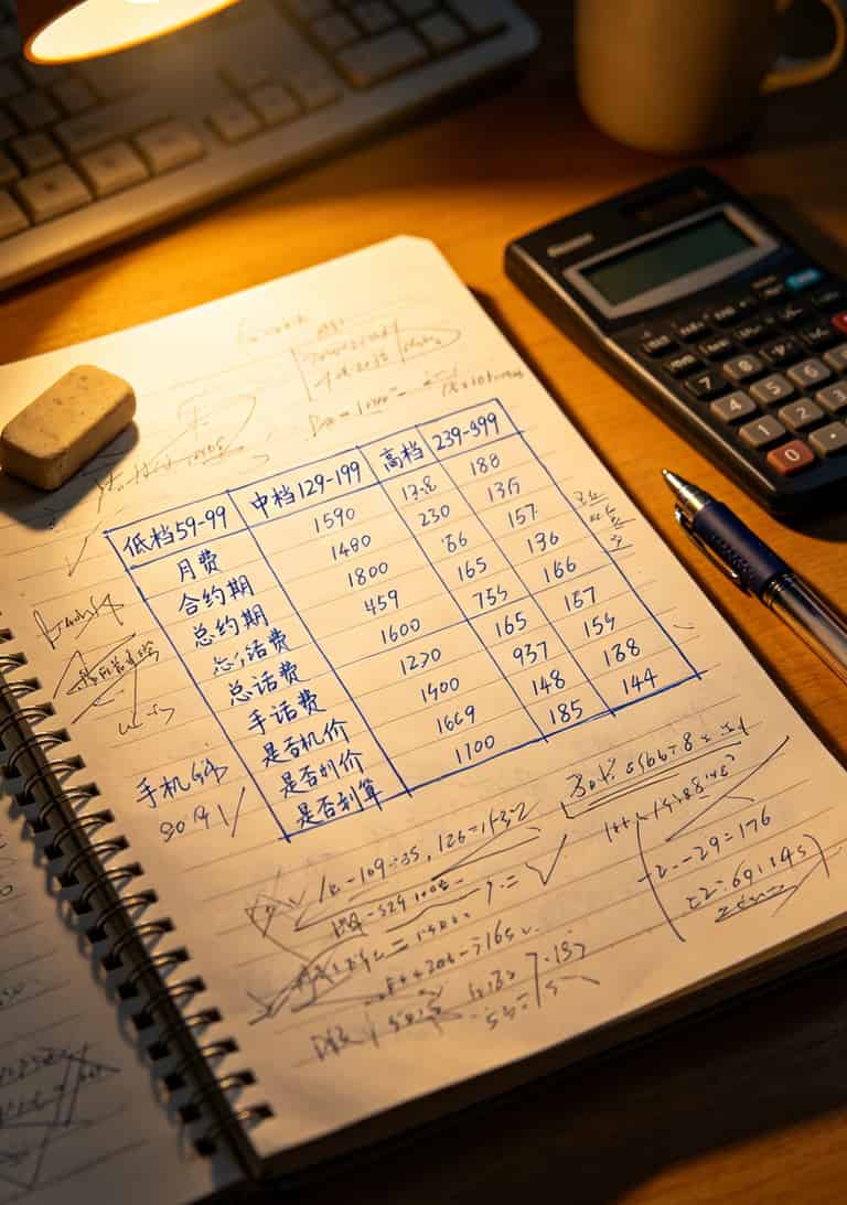 老周说实话:电信合约机这3笔账没算清,千万别签字 三个价位段对比表格,手写计算过程