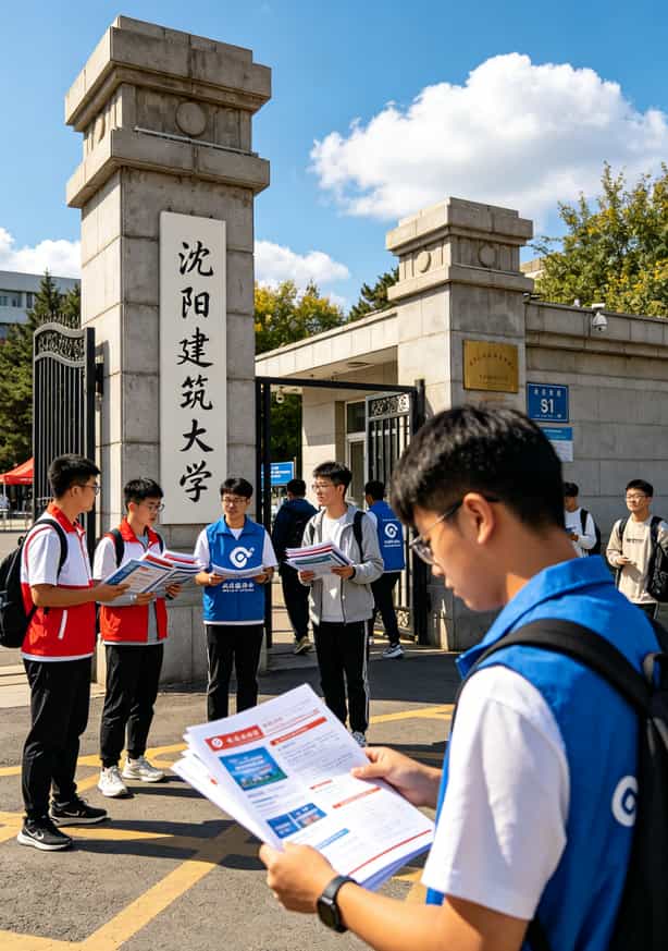 沈阳建筑大学校门口照片，门口有学生在发传单