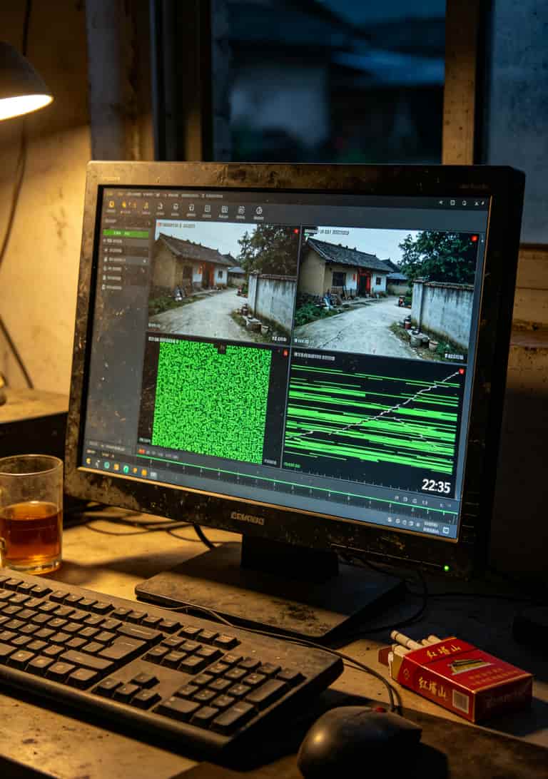 四路监控画面回放截图，画面出现马赛克和卡顿条纹