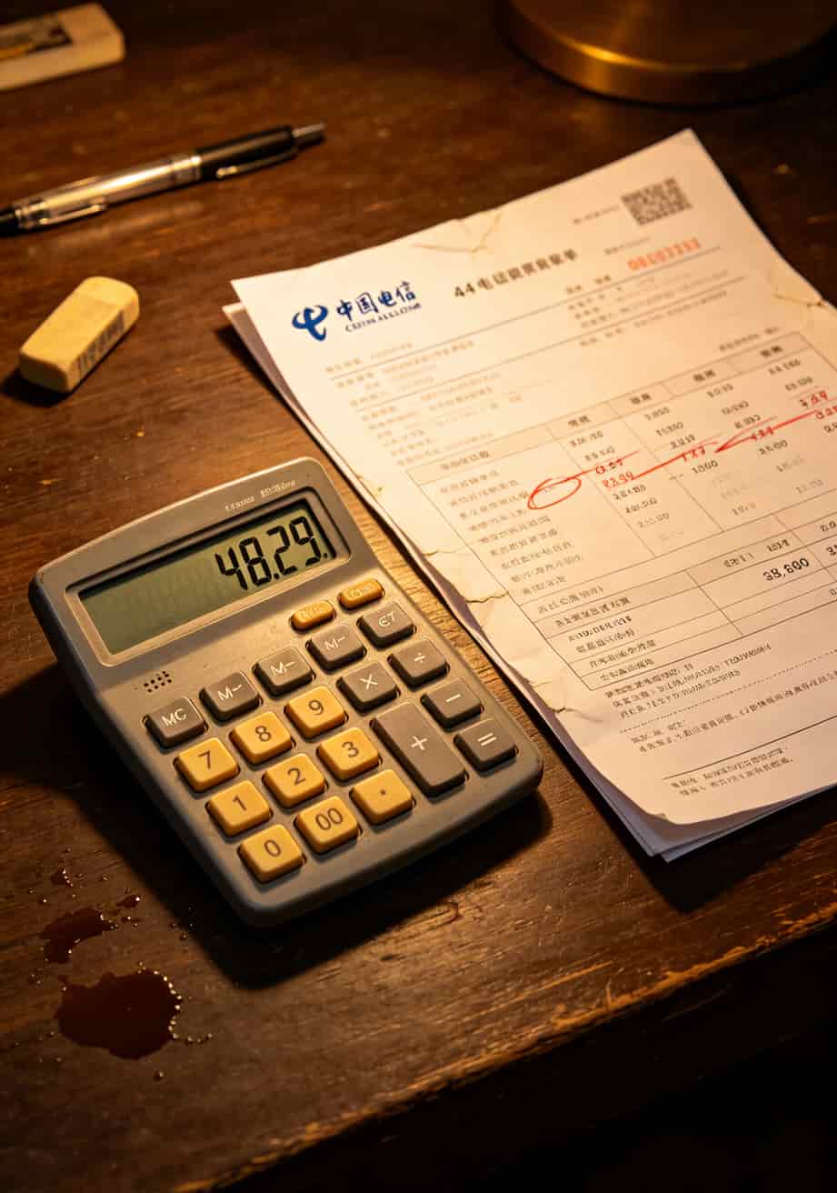 计算器上显示1159÷24=48.29，旁边放着一张电信账单
