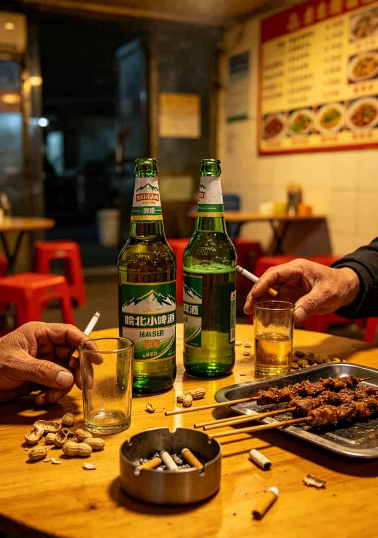 两个人喝酒聊天的桌面，两瓶啤酒和几个空杯子