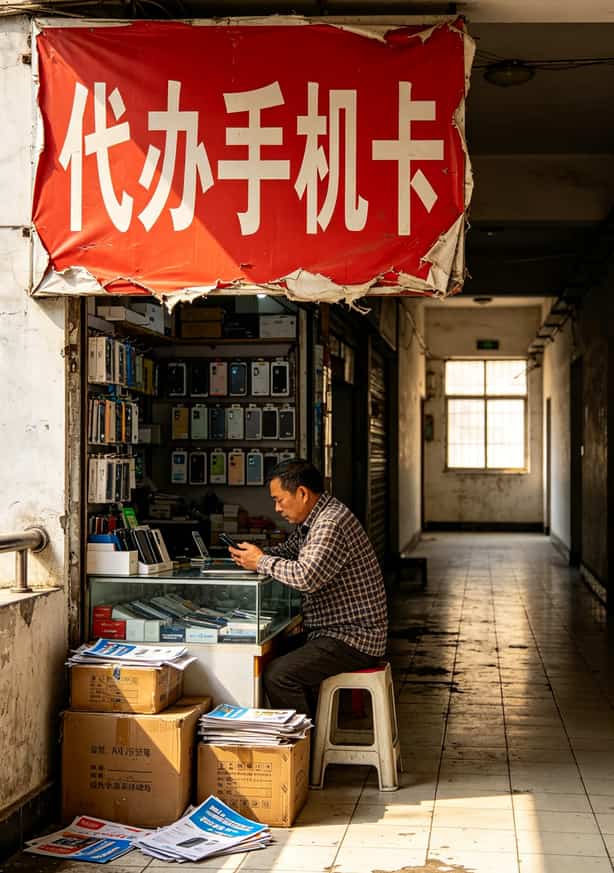作者在乐山牛咡桥市场门口拍的门店照片，红色招牌写着“代办手机卡”