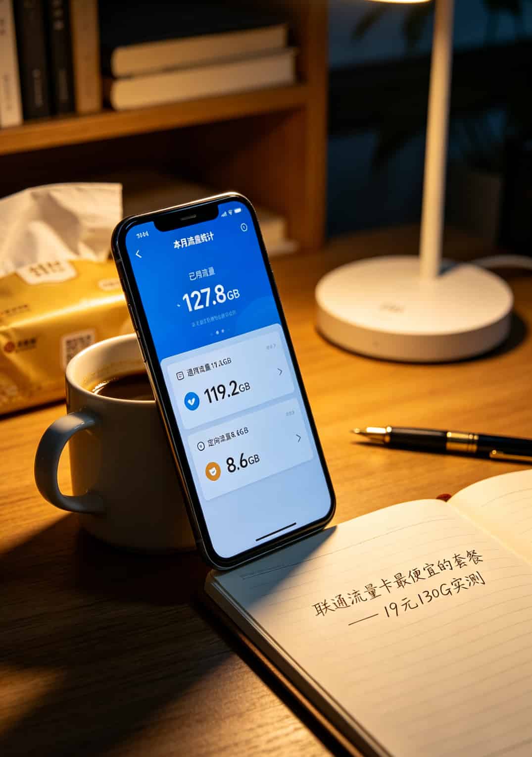 书桌上的手机显示联通APP流量统计页面，本月已用127GB
