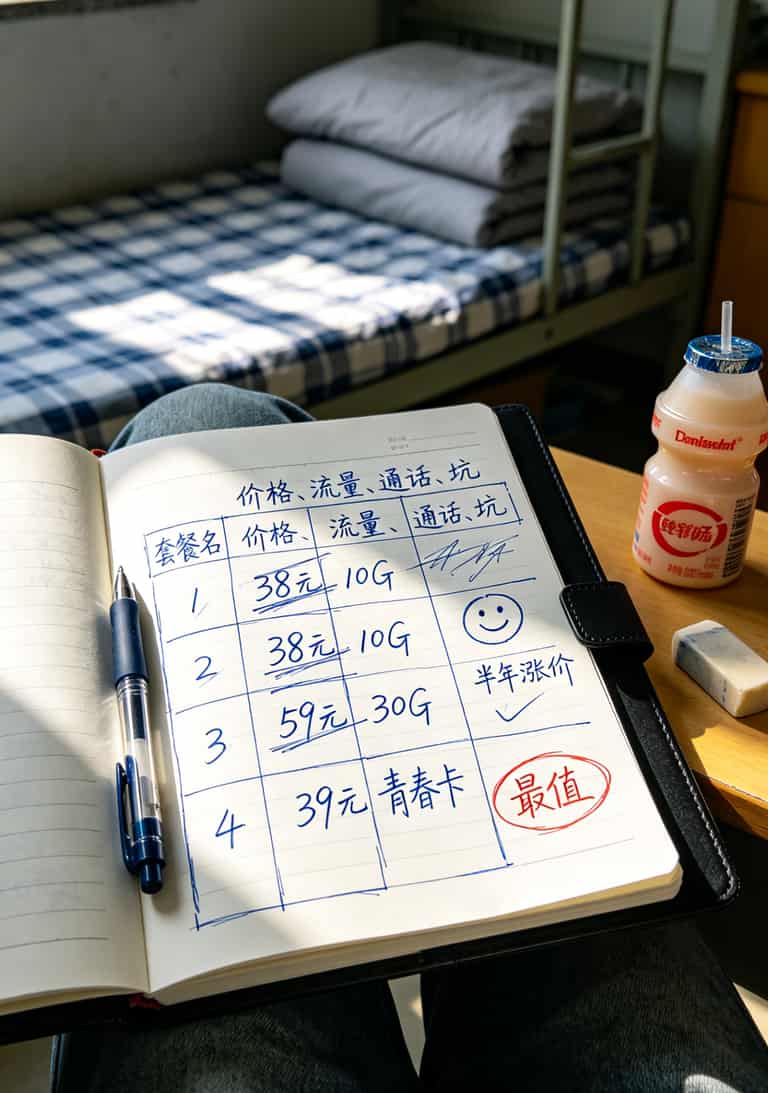 五种移动套餐对比表格图，标注价格和流量