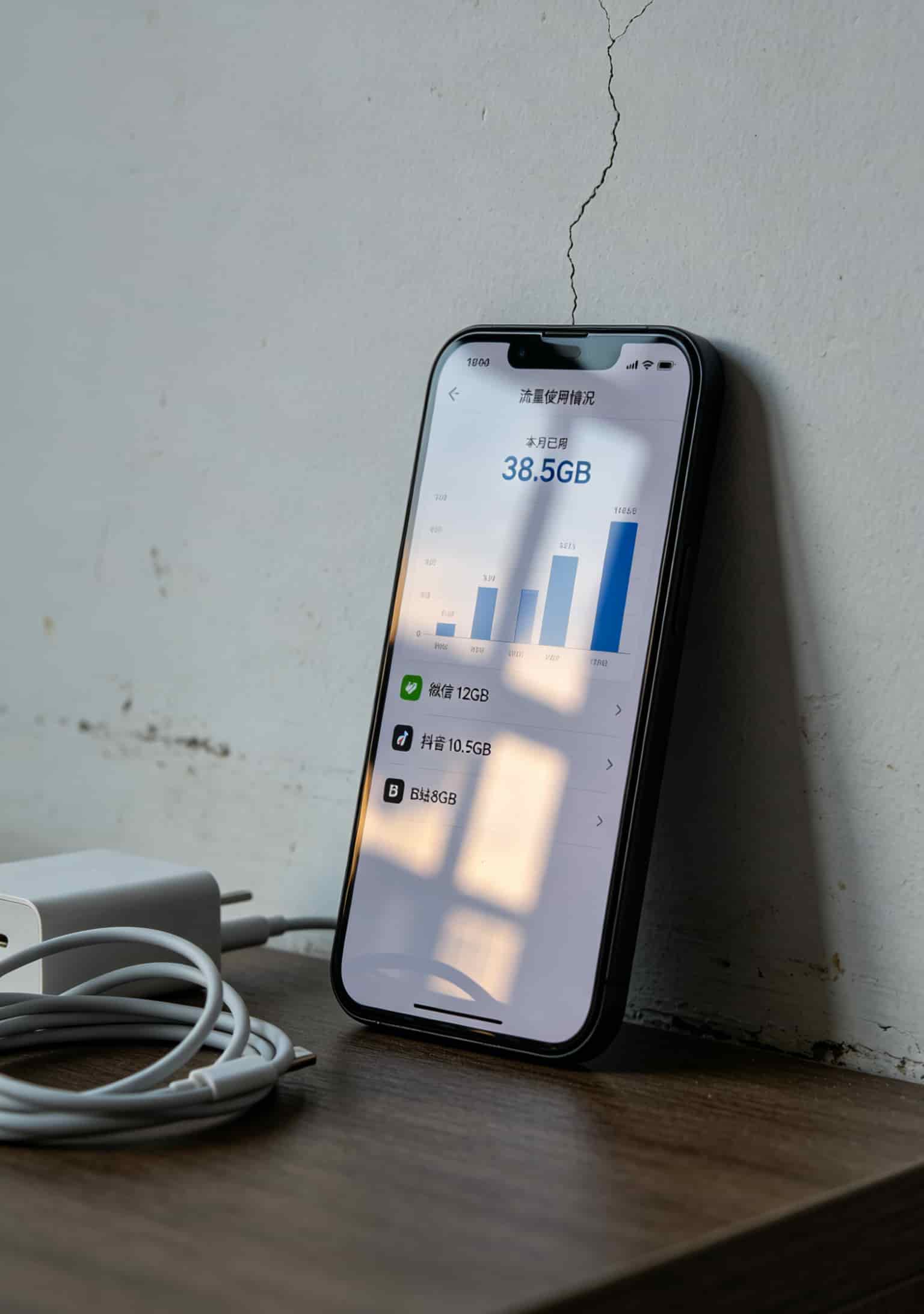 手机设置里的流量统计截图，显示本月已用38.5GB