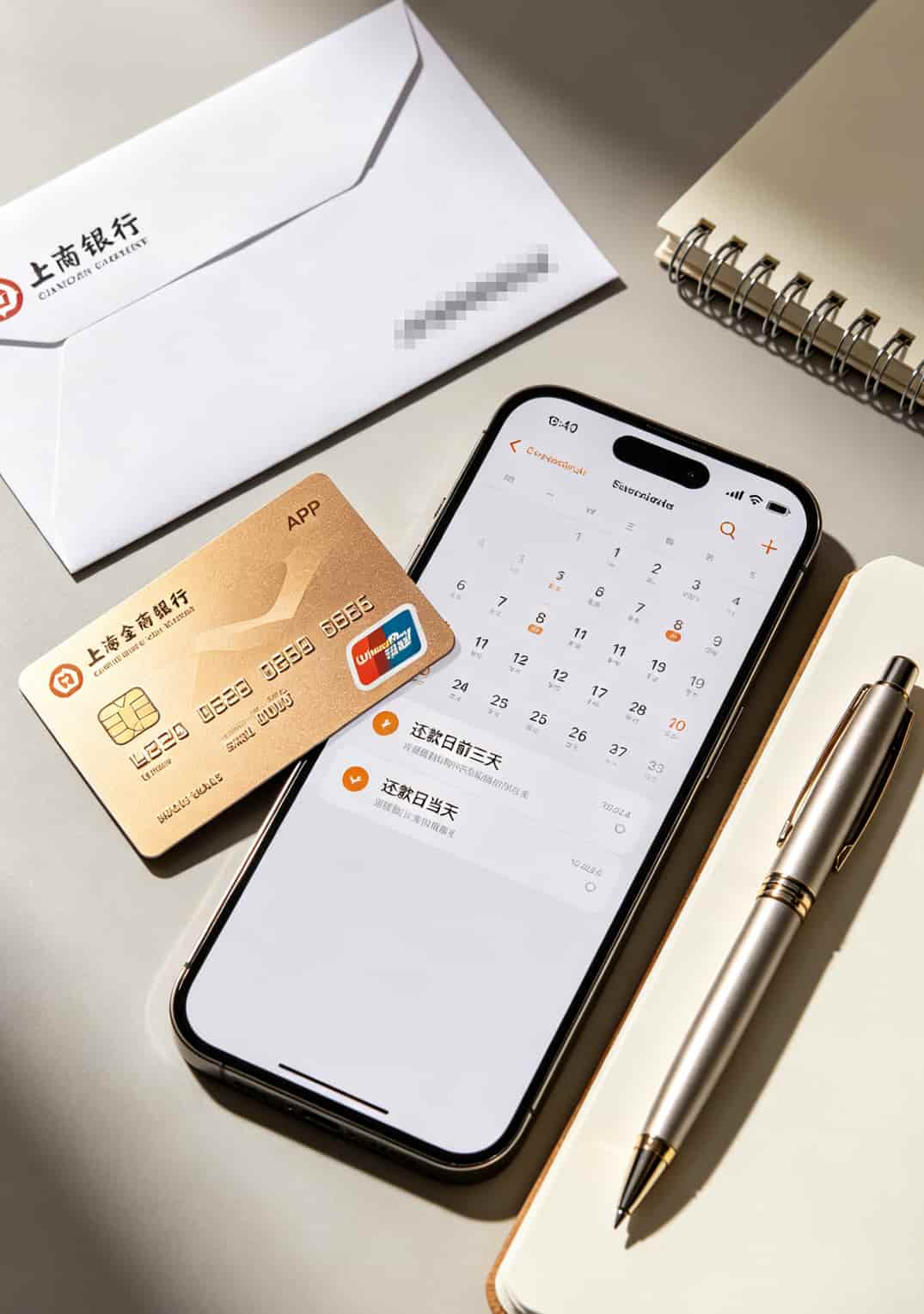 搜“电信下载”想省钱?信用卡交话费一年反撸480,电销老油条说实话 信用卡开箱照片,旁边放着手机和笔,准备设置还款