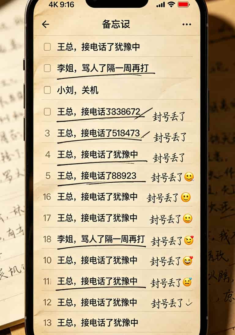 手机备忘录里密密麻麻记录着意向客户号码和备注的截图