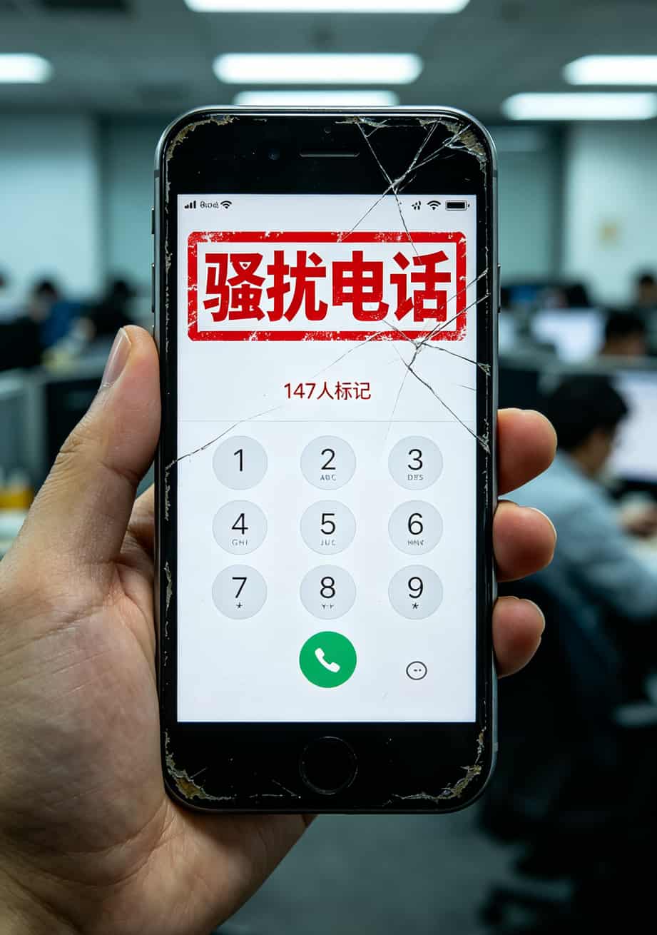 手机屏幕显示已被标记为骚扰电话的红色警告