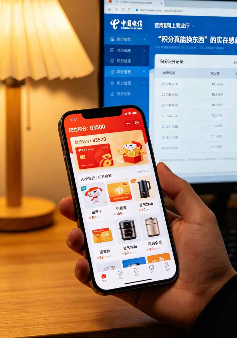 信用卡电销避坑指南:一个干过培训的老油条跟你说实话(附电信官网网上营业厅核实技巧) 手机屏幕显示银行积分商城,有各种可兑换的商品