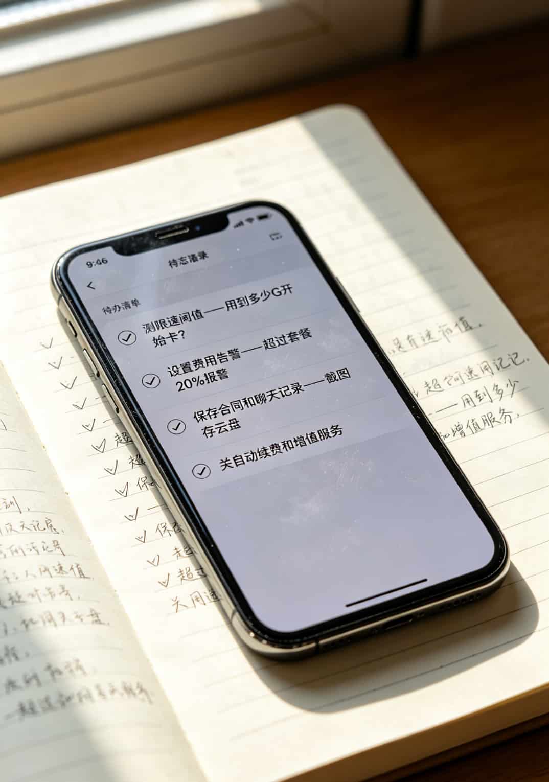 办卡后待办清单截图，包含限速测试、费用告警、保存合同、关闭增值服务四项