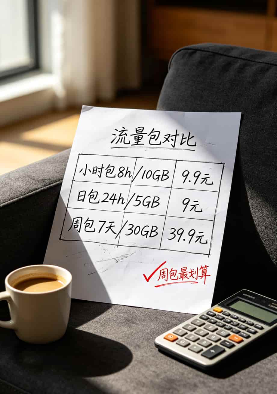 不同流量包价格对比表格，小时包9.9元日包9元周包39.9元