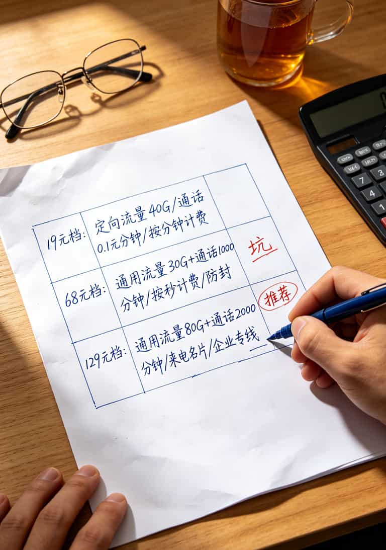 不同价位手机卡套餐对比表格，19元、68元、129元三档