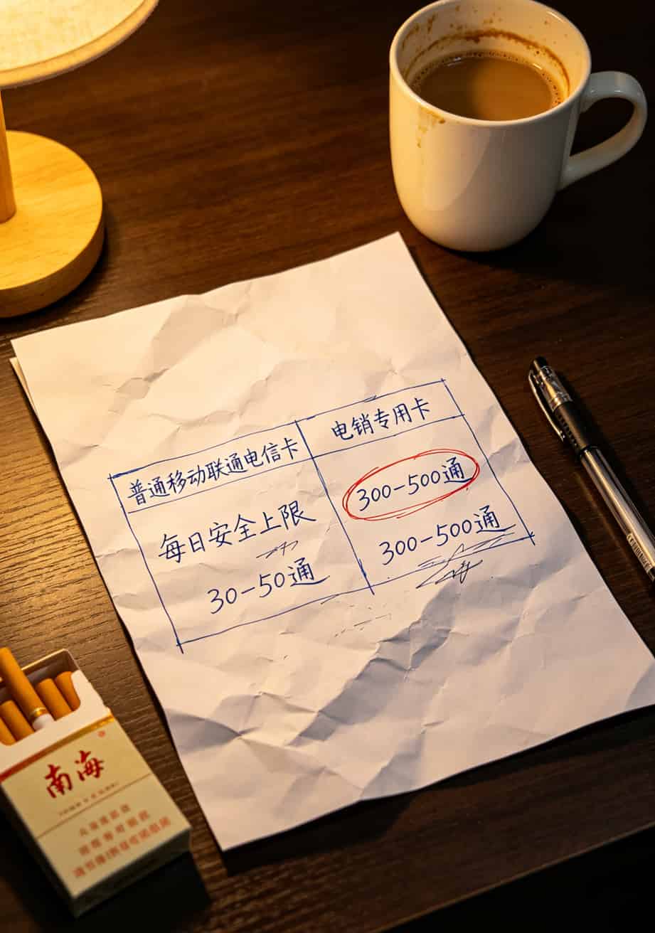 电销卡与普通卡对比表格，展示每日通话上限差异