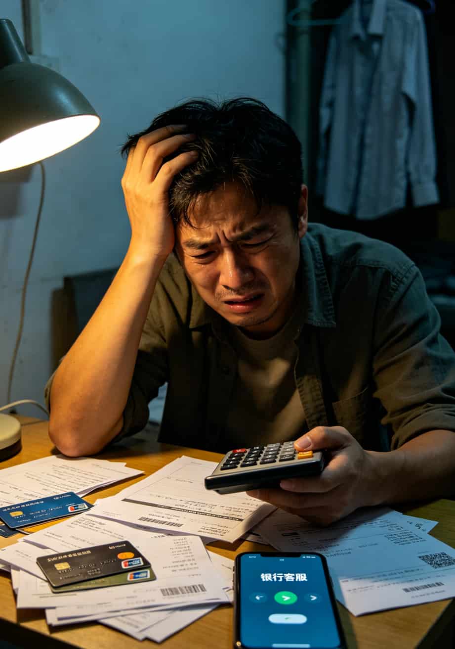一个人拿着计算器在算信用卡账单，表情很苦恼