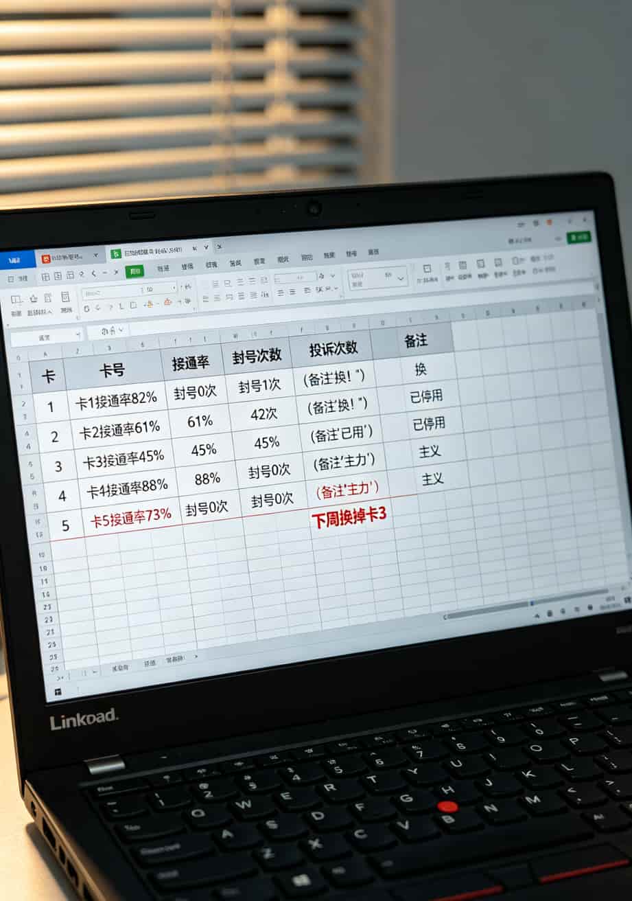 电脑屏幕上显示着一张数据统计表格，记录了每张卡的接通率和封号次数