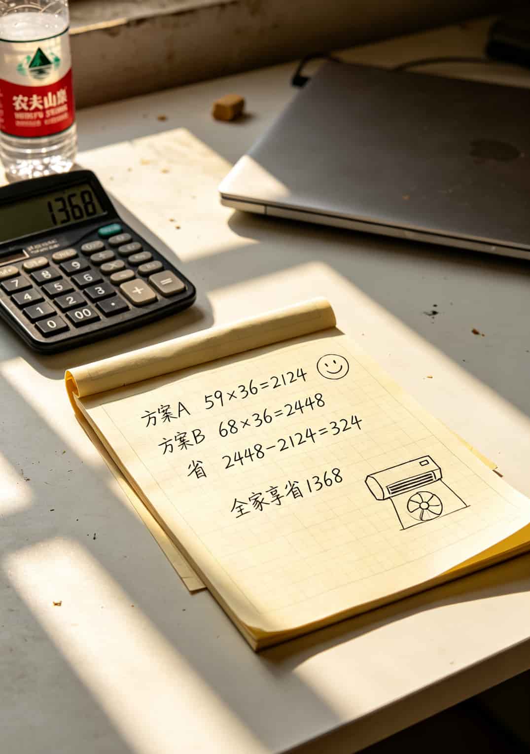 三年话费对比计算表格，标注省出一台空调