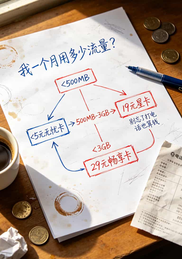 办卡前自我评估流程图：流量用量→通话时长→推荐套餐
