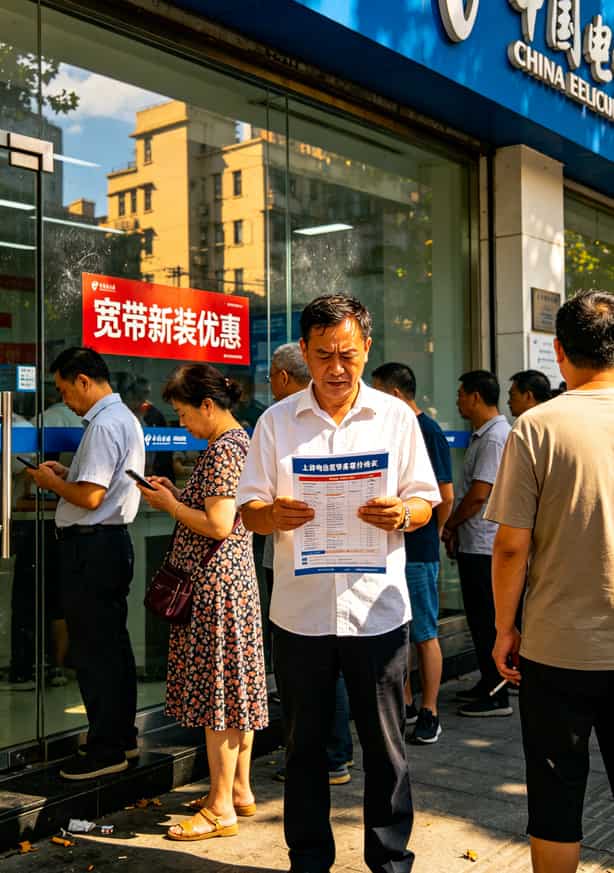 上海电信营业厅门口排队办理宽带的实拍场景