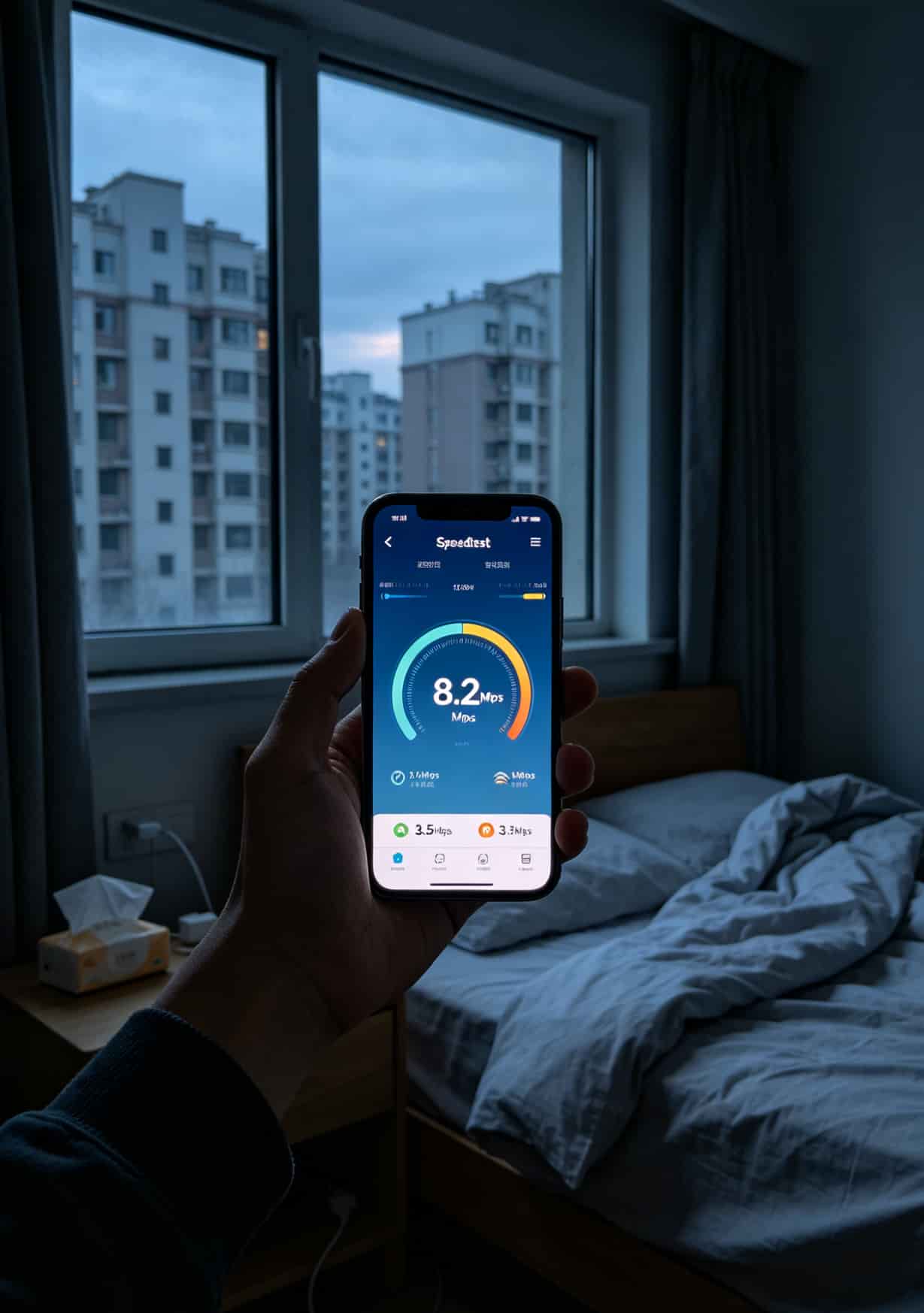 沈阳市浑南区某小区卧室，手机测速软件显示下载速度8.2Mbps