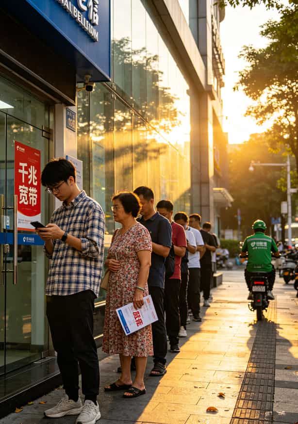 深圳电信营业厅门口排队办理宽带的人群