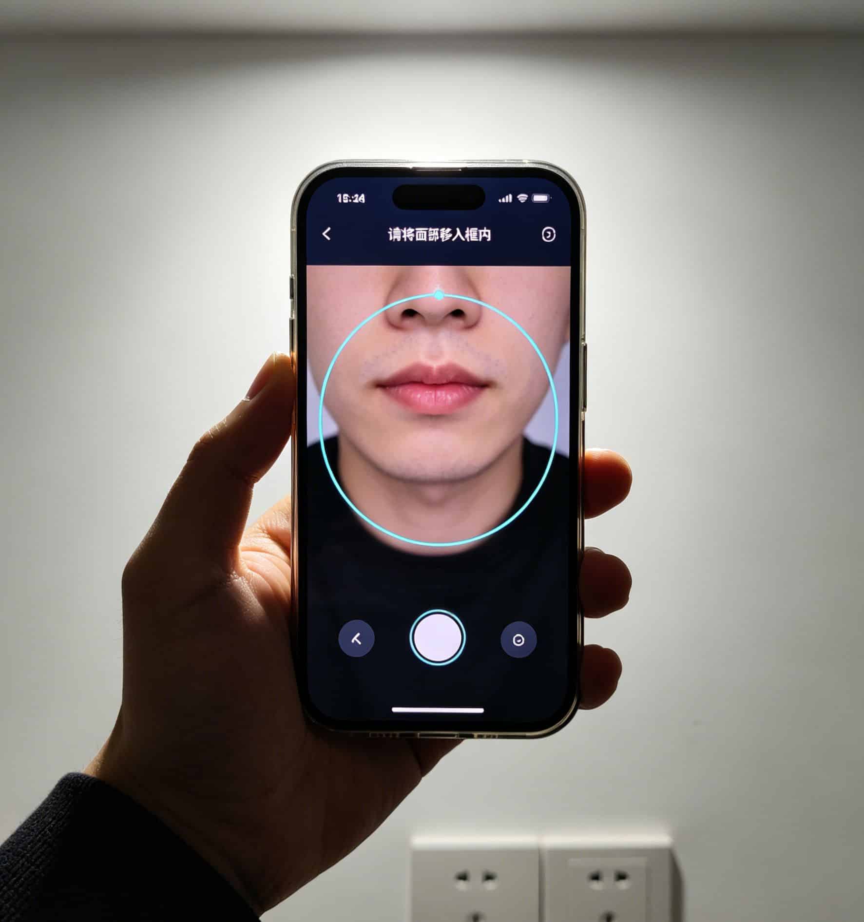 手机屏幕显示人脸识别激活界面，摄像头正在捕捉面部