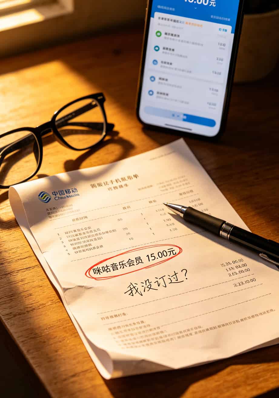 作者本人手机账单截图，红色圈出多扣费项目