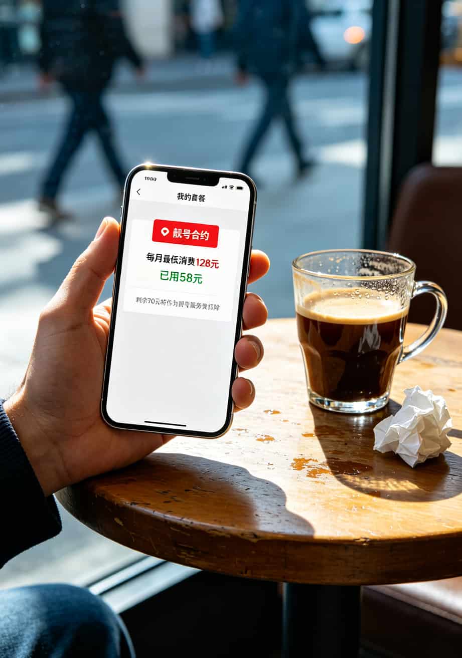 手机靓号888尾号的话费账单截图，显示低消128元