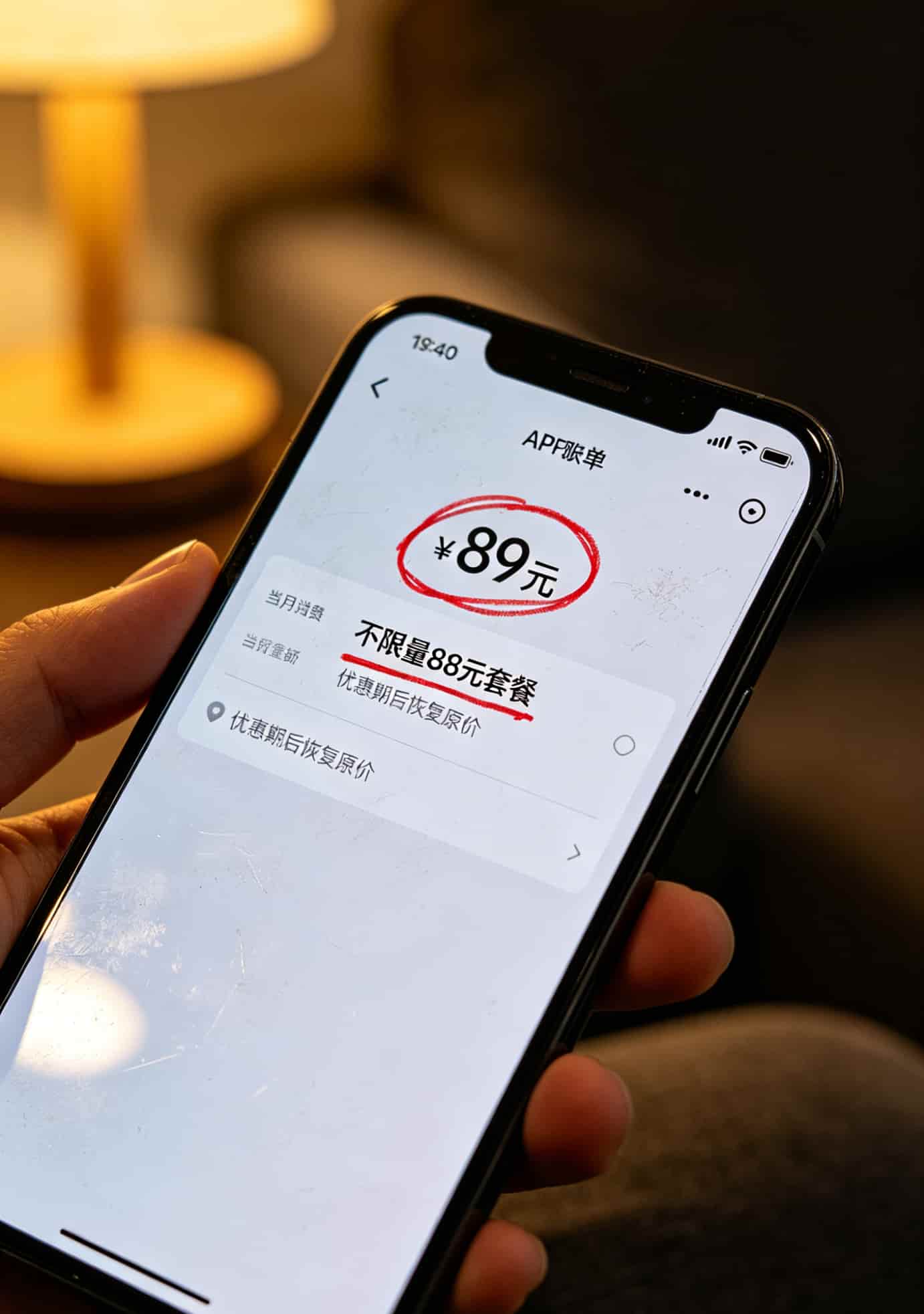 手机话费账单截图，显示当月扣费89元，套餐名称被红圈标出